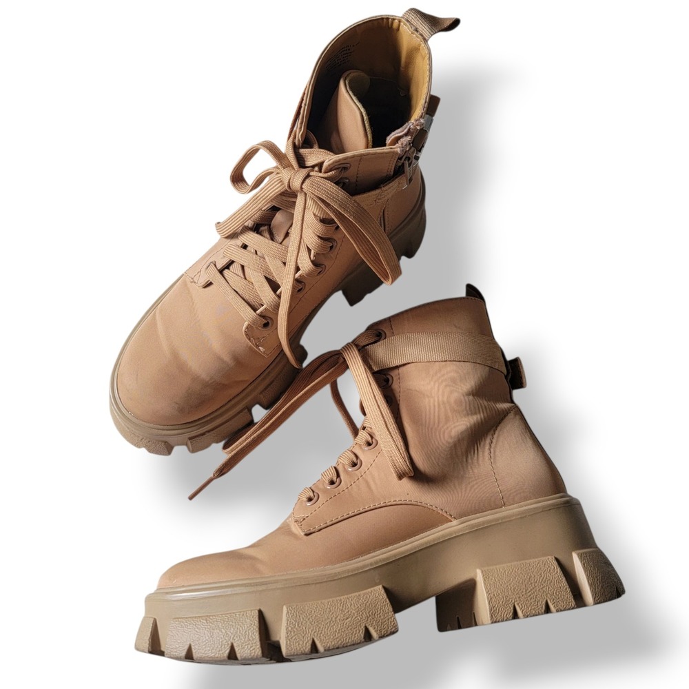 Steve Madden Thora P Lug Sole Combat Boots Tan‎ Nylon Side Zip Buckle Size 6.5